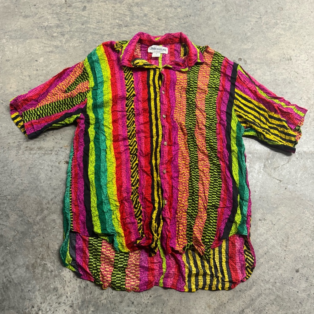 Vintage Y2k‎ UNIONBAY Colorful Abstract Short Sleeve Button Down Shirt Retro Art